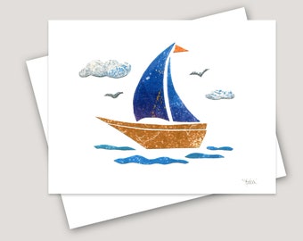 Sailboat Printed Greeting Card -  Landscape Seascape Sailing Seagull Bird Nautical - Birthday Everyday Hello Thinking of You Father's Day