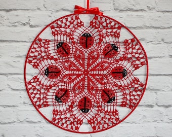 Ladybug Wall Decor, Crochet Wall Art, Nursery Decor, New Baby Gift, Ladybug Birthday