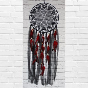 Large Crochet Dreamcatcher, Heart Decor, Gothic Home Decor, Feather Wall Art