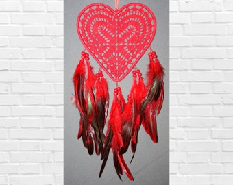 Heart Dream Catcher, Accrochage mural au crochet, Attrape-rêves en plumes, Boho Bedroom Decor