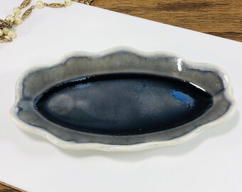 Purple Grey Oval Handmade Ceramic Trinket Dish 7.5" / Jewelry Dish / Medium Oval Tray