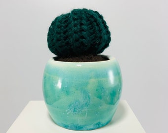 Teal Crystalline Pot with Crochet Succulent