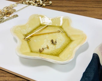 Sun Gold Handmade Ceramic Trinket Dish 5" / Jewelry Dish / Hexagon Tray