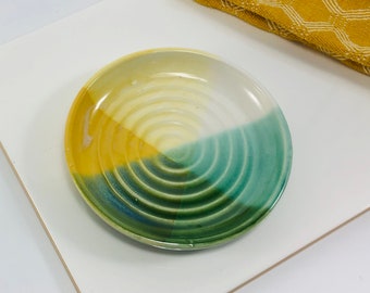 White, Green, and Yellow Spoon Rest / Handmade Dish