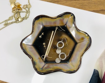 Purple Hazed Brown Handmade Ceramic Trinket Dish 5" / Jewelry Dish / Hexagon Tray