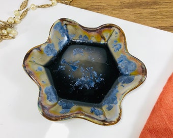 Grey-Brown Blue Handmade Ceramic Trinket Dish 5" / Jewelry Dish / Hexagon Tray