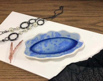 Blue Oval Handmade Ceramic Trinket Dish 7.5" / Jewelry Dish / Medium Oval Tray