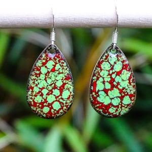 Enamelled Drop Earrings - Red and Green Speckle