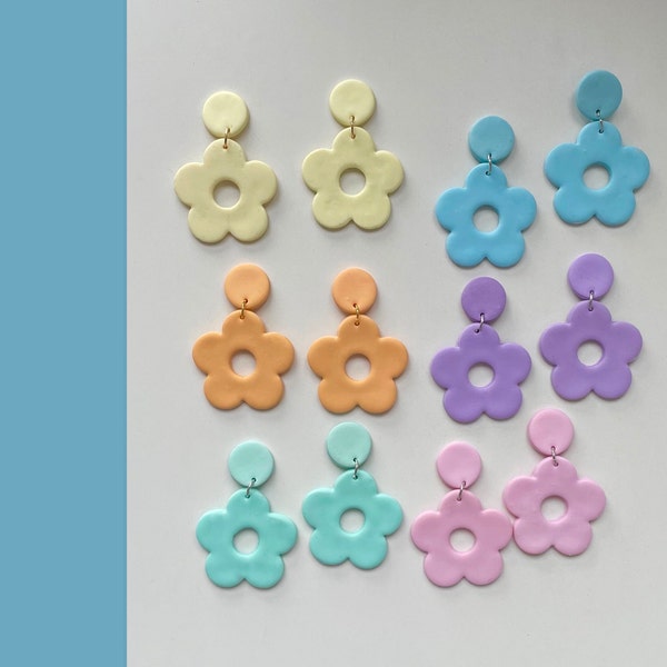 Floral Earrings Summer Colours/ Pastel Clay Floral Earrings/ Clip-On Earrings/ Yellow, Orange, Pink, Lilac, Teal, Blue Earrings