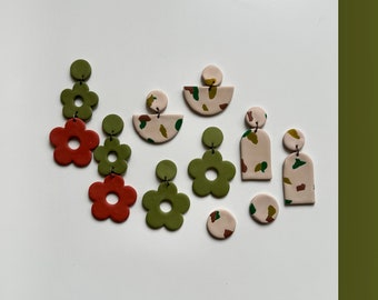Green and Brown Flower Earrings/Camouflage Earrings/Green, Brown, Beige Clip-on Earrings