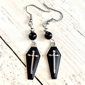 Black coffin cross silver earrings