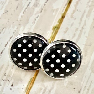 Earrings , 12 mm , cabochon , black , white dots , stainless, Evy necklaces , handmade