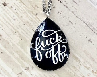 Stainless steel  Fuck off Necklace , 18x25 mm cabochon