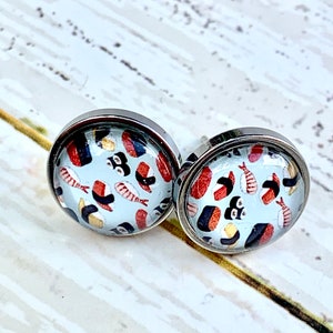 Earrings, stainless steel stud earrings, 12 mm glass cabochon, Sushi, blue, handmade by Les Colliers d'Evy