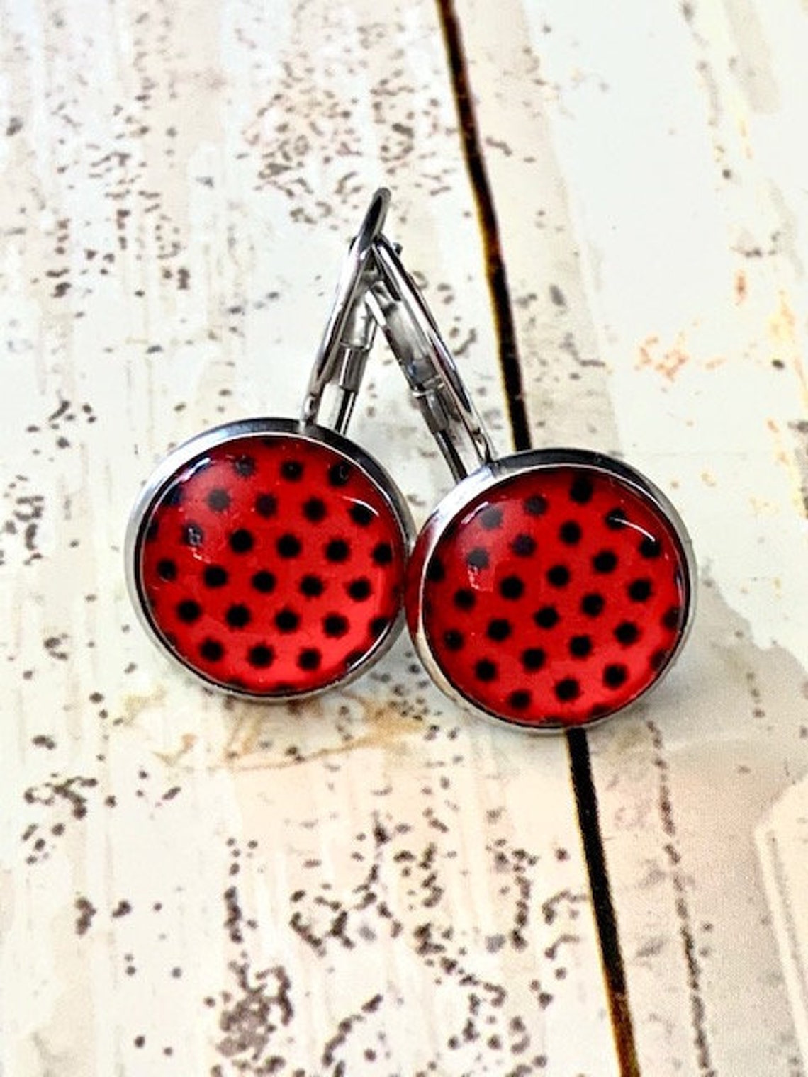 Stainless Steel Sleeper Earrings Diameter 12 Mm With Red Etsy UK