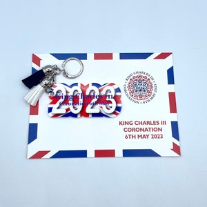 KING CHARLES III Porte-clés Sac Charme Pendentif 2023 Emblème Forme Union Jack Glands Rouge Blanc Bleu Souvenir Carte-Cadeau Couronnement Célébration