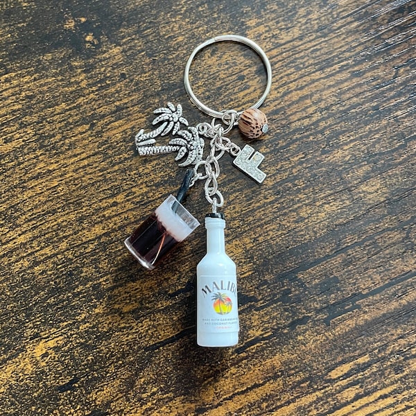 Personalised Initial MALIBU Rum Drink Inspired Key Bag Charm Set Coconut Palm Tree Cola Lemon Orange Glass Caribbean Bottle Fun Quirky Boxed