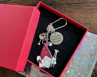 Gonk Gnome Key Ring Chain Charm Set Will Trade Husband For Wine Fun Quirky Wine Glass Birthday Christmas Gift Box Or Glitter Bag Keepsake