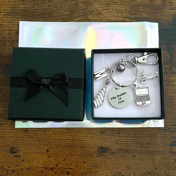 Personalised Initial Letter Charm 50 Fifty Shades Of GREY Key Ring Or Bag Charm Set Tie Computer Helicopter Beads Gift Box Film Inspired Fun
