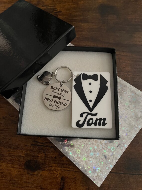 Personalised Best Man Gift Key Charm Keepsake Top Hat BEST-MAN For A Day Best Friend For Life Fun Thank You Gift Any Name Added Box Bag
