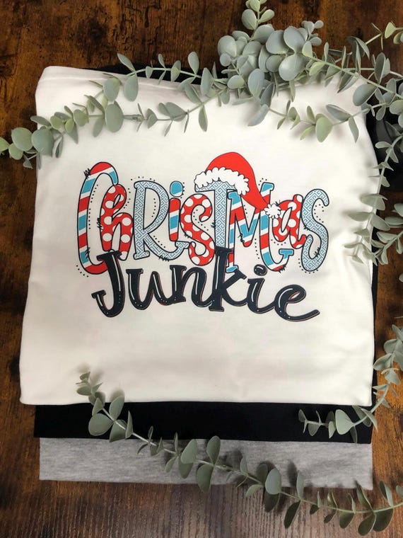 CHRISTMAS JUNKIE Vinyl Heat Transfer Printed T shirt Candy Cane Stripes Santa Hat Fun Quirky Loves Xmas Keepsake Unique Gift Unisex Sizes