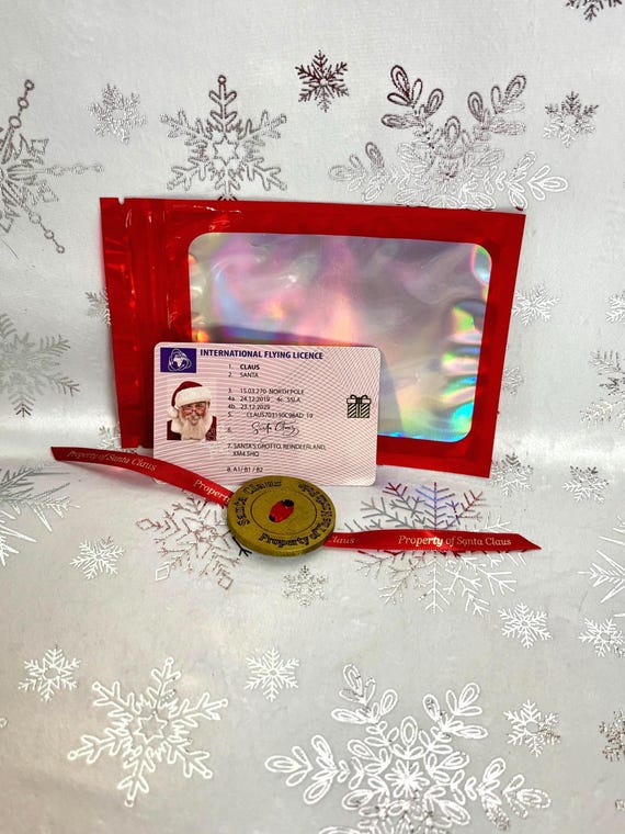 SANTA CLAUS Lost Sleigh License And Gold Glitter Button With Ribbon North Pole Fab For Christmas Day Magical Believe Gift Bag Reindeer