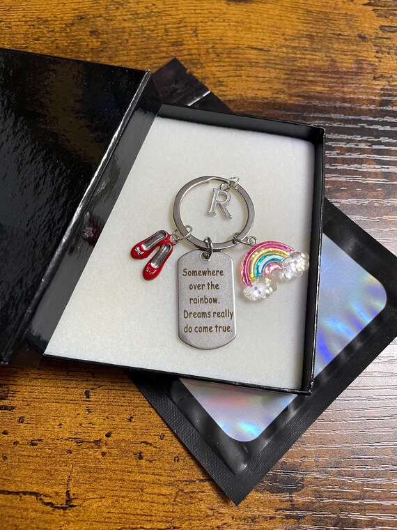PERSONALISED Initial Letter Wizard Of Oz Film Inspired Key Bag Charm Somewhere Over The Rainbow Red Shoes Gift Box Bag Quirky Fun