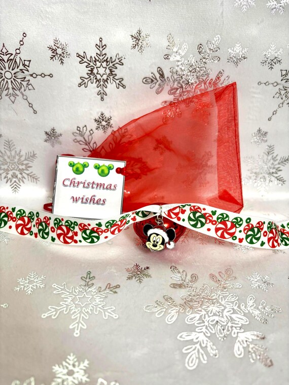 Christmas Mickey Mouse Disney Inspired Red Jingle Bell Snowflake Design Ribbon Gift Card And Box Charms Tree Decoration Santa Keepsake Snow