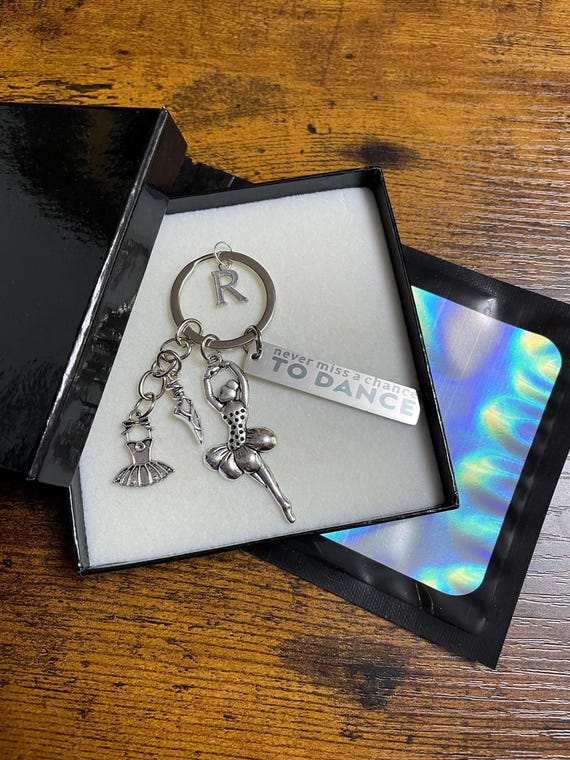 Personalised Initial Letter Never Miss A Chance To Dance Ballet Key Bag Charm Set Dress Shoes Engraved Tag Gift Box Bag