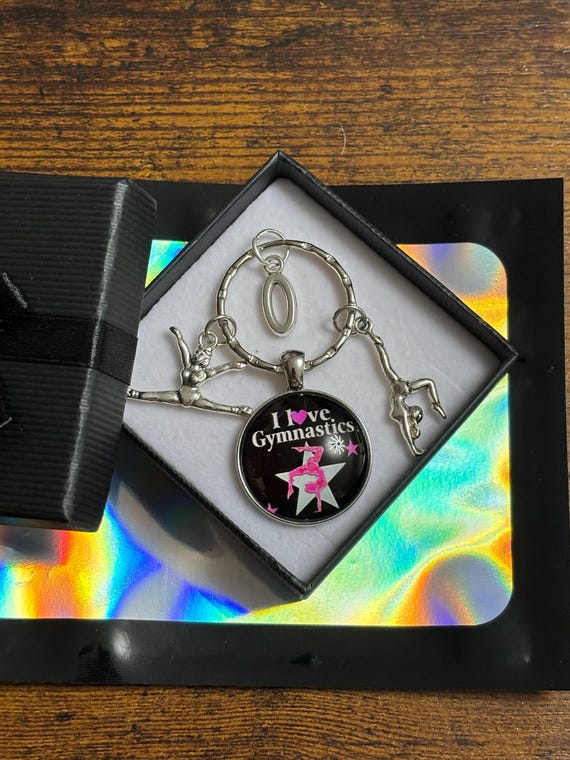 Personalised Initial Letter I Love Gymnastics Keyring Or Bag Charm Fun Quirky Keepsake Novelty Gift Exercise Fitness Splits Backflip Box Bag