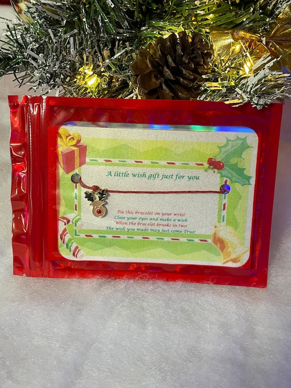 CHRISTMAS Make A Wish Tie Red Bracelet Reindeer Head Charm Cord Secret Santa Father Xmas Christmas Eve Box Party Bag Gift Poem Glitter Bag