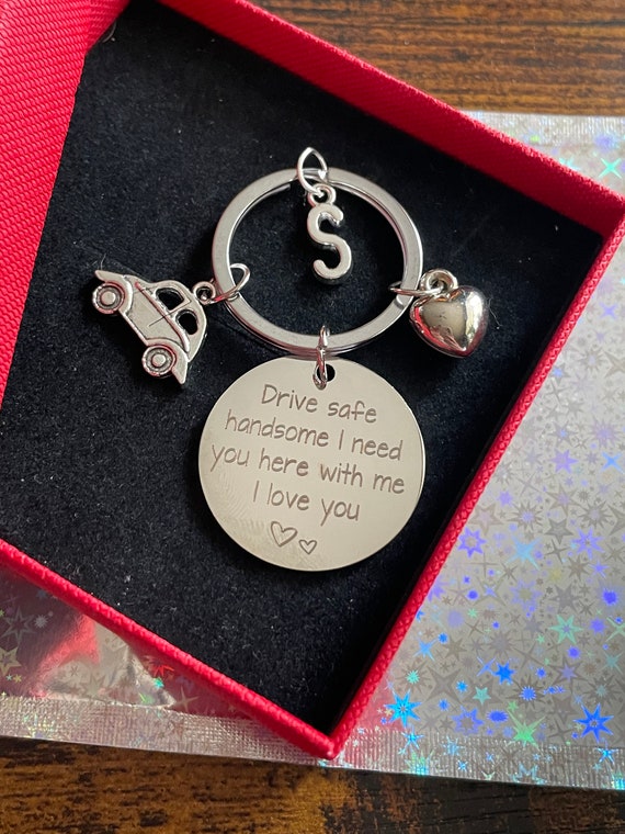 PERSONALISED Initial Drive Safe Handsome I Love You Key Ring Charm Pendant Set Car Charm Smiley Face Heart Gift Boxed Keys Husband Friend