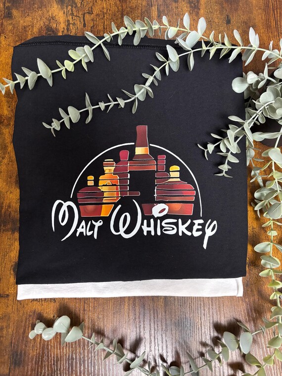 Malt Whiskey Unisex T Shirt Print Walt Disney Style Mixed Bottles Heat Transfer Fun Novelty Unique Gift Drinks Lover Black Colour Top Quirky