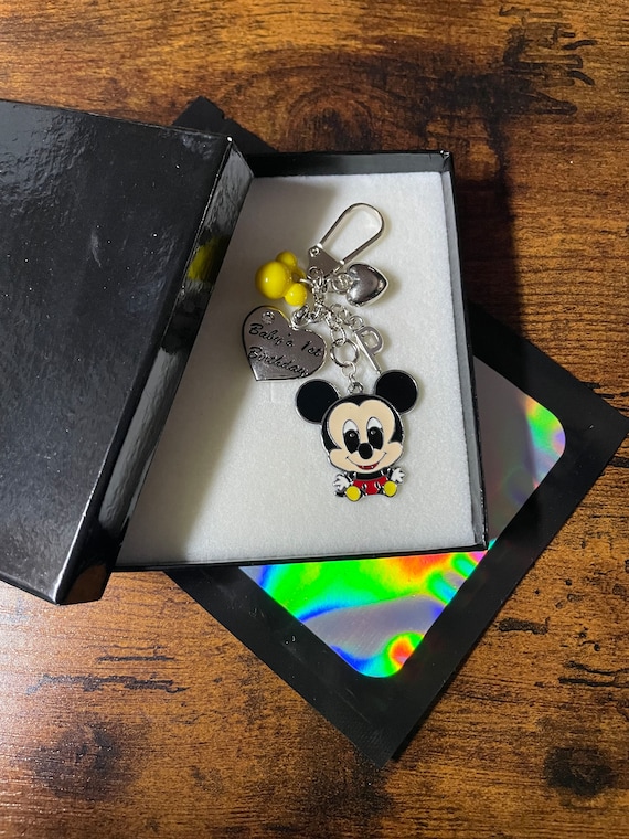 PERSONALISED Initial Letter Baby’s First 1st Birthday Baby Mickey Key Ring Charm Pendant Beads Hearts Gift Box Or Bag Keepsake Fun Boy Girl