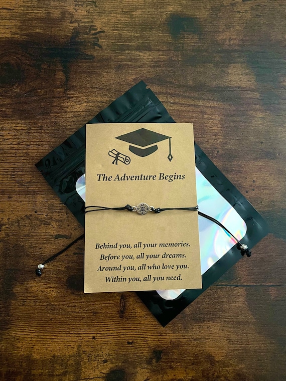 GRADUATION Wish Bracelet Your Adventure Begins Compass Charm Attached To Leather Look Cord Carded Poem Gift Bag Keepsake Graduated Well Done