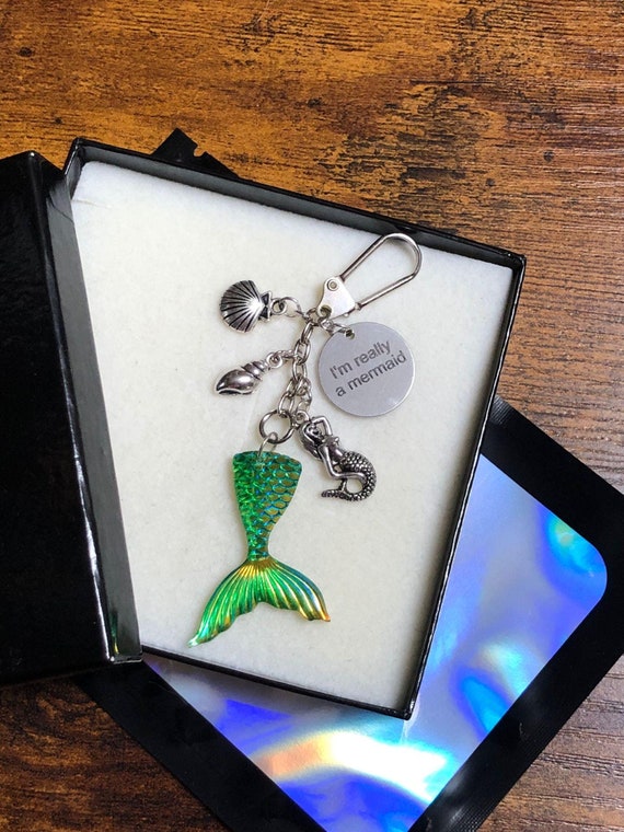 Disney Inspired Little Mermaid Tail Fin Shells I’m Really A Mermaid Charm Pendant Key Or Bag Chain Gift Box Or Bag Set Any Occasion Novelty
