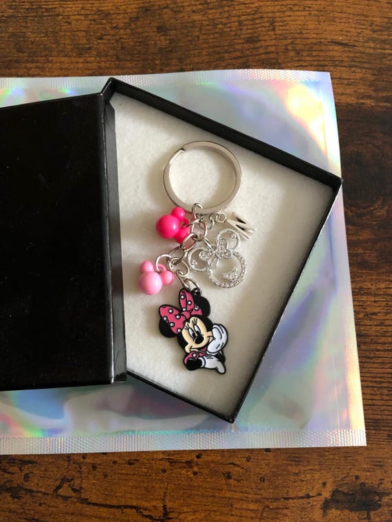 Personalised Minnie Mouse Key Bag Charm Initial Letter Pinks Disney Inspired Keepsake Fun Gift Box Or Shimmer Bag Party Favours Novelty Set