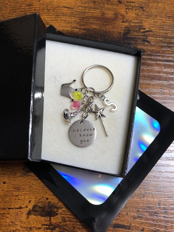 Personalised Initial Letter Wicked Film Inspired Key Bag Charm Set Because I Know You Crown Witch Hat Wand Beads Keepsake Novelty Gift Box