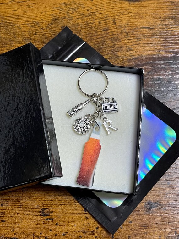 PERSONALISED BEER Bottle Key Ring Charm Set Crate Bottle Cap Initial Letter Gift Box Shimmer Bag Any Occasion Any Family Member Keepsake