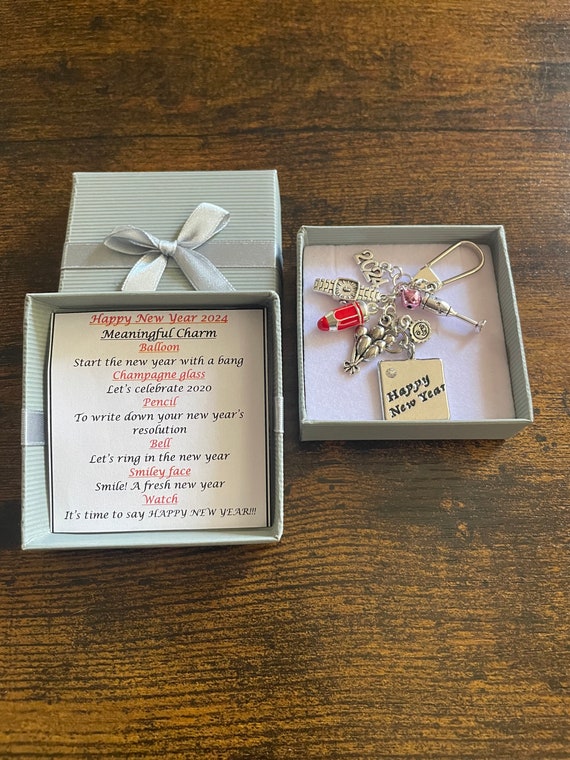 Happy New Year 2025 Meaningful Keepsake Key Ring Charm Gift Boxed Rhymes Bell Champagne Glass Watch Balloons Smiley Face Charms
