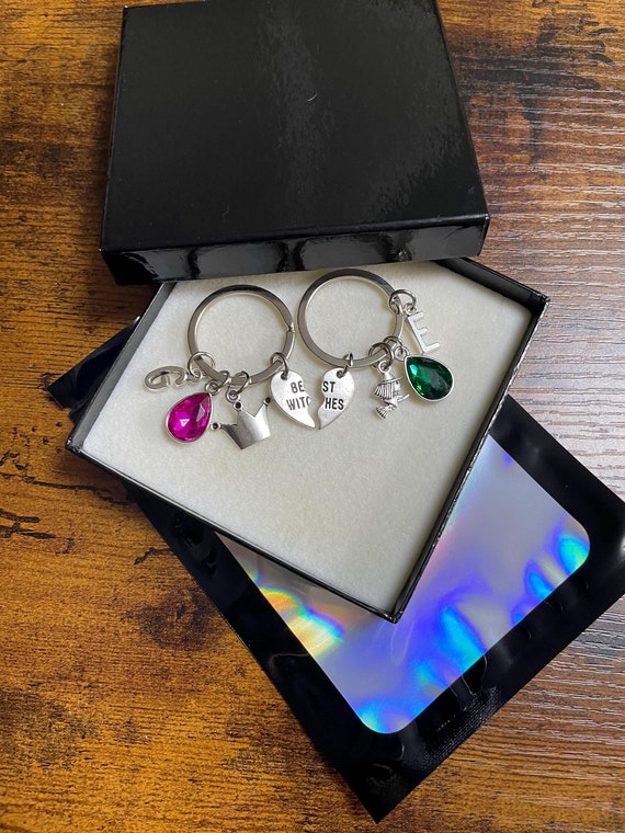 PERSONALISED Any Initial Letter Charm Set WICKED Musical Two Key Ring Set Best Witches Rhinestones Crown Best Friend His Hers Gift Box Bag