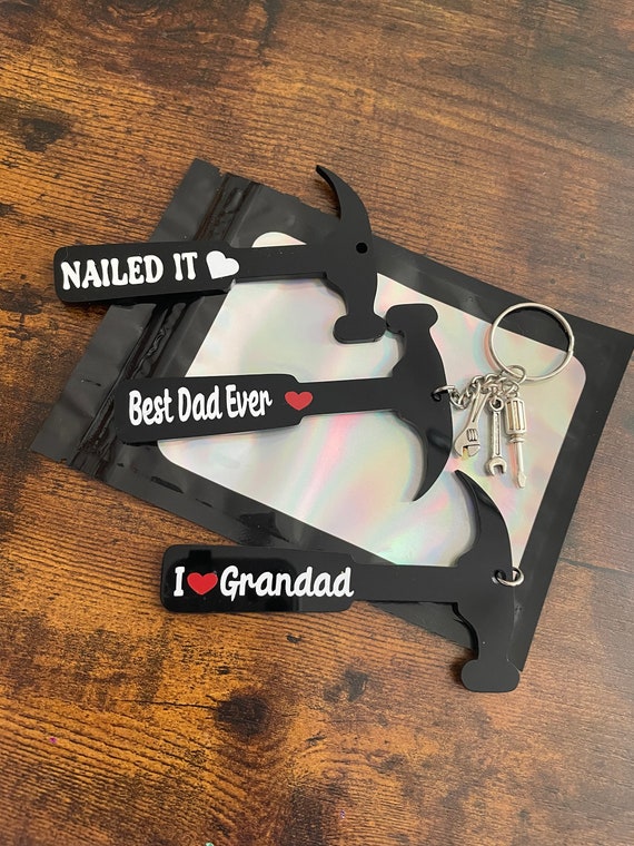 PERSONALISED Acrylic hammer key ring charm i love grandad dad son etc also with charm pendant and star, keepsake gift birthday Father’s Day