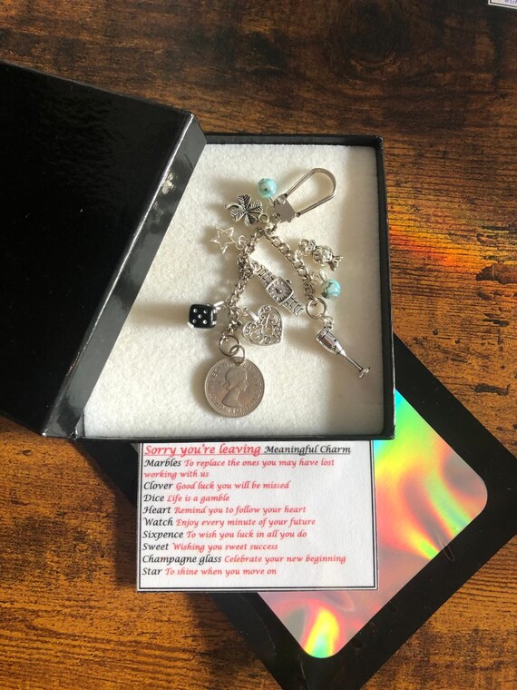 SORRY YOUR LEAVING Meaningful Quotes Keepsake Key Ring Charm Gift Box Bag Rhymes Sixpence Clover Sweet Watch Star Dice Marbles Retirement