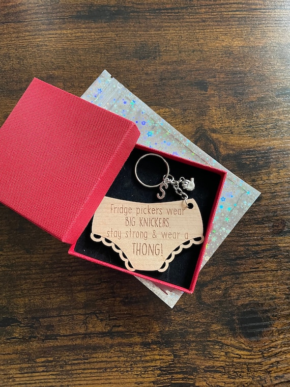 PERSONALISED Initial Charm Fridge Pickers Wear Big Knickers Thumbs up Key Ring Set Fun Novelty Gift Weight Loss Helping Stay Strong Quirky