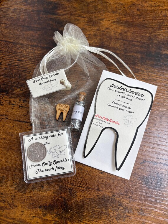 Lost Tooth Certificate Special Sixpence Coin Fairy Dust And Wooden Little Fairy Tooth Organza Bag Name Added Pouch Poem Glitter Teeth Gift