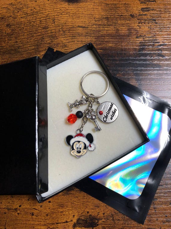 MICKEY MOUSE Christmas Wishes Key Bag Charm Set Beads Key Santa Hat, Keepsake Disney Inspired Gift Box Bag Secret Santa Stocking Filler Fans