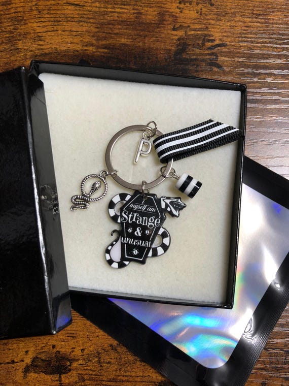 Personalised Initial Key Ring Charm Letter Film Inspired Beetle Juice I Myself STRANGE & UNUSUAL Snake Beads Stripe Gift Box Bag Keepsake