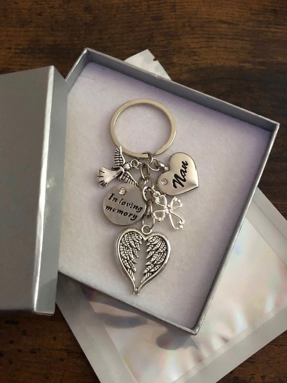 Personalised Heart Charm In Loving Memory Key Ring Angel Wings Cross Keepsake Gift Box Shimmer Bag Family Member Memorial