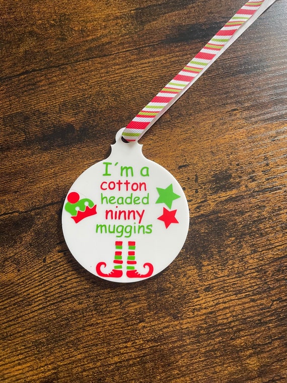 Elf Inspired Christmas Tree Decoration Bauble Phrase Stars Legs Hats White Round Acrylic Stripe Candy Cane Ribbon Gift Bag Set