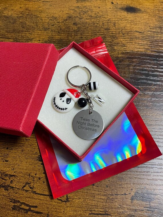 Personalised Initial letter Christmas wishes key ring charm set night before christmas jack face beads gift boxed secret santa